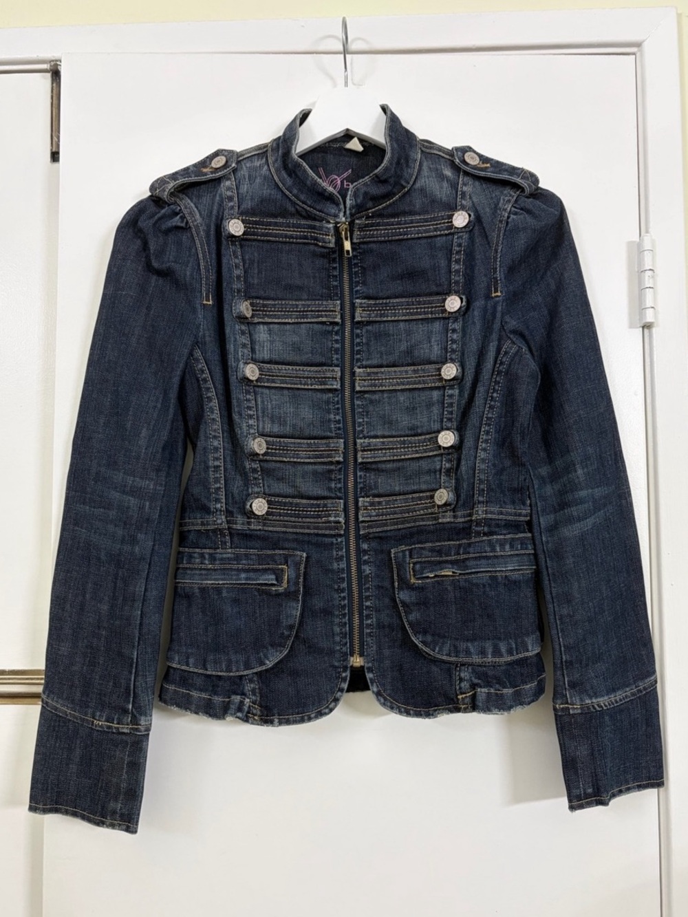 bebe 2000s Y2K Denim Military Band Jacket Puff Shoulder Fitted Zip Size S
